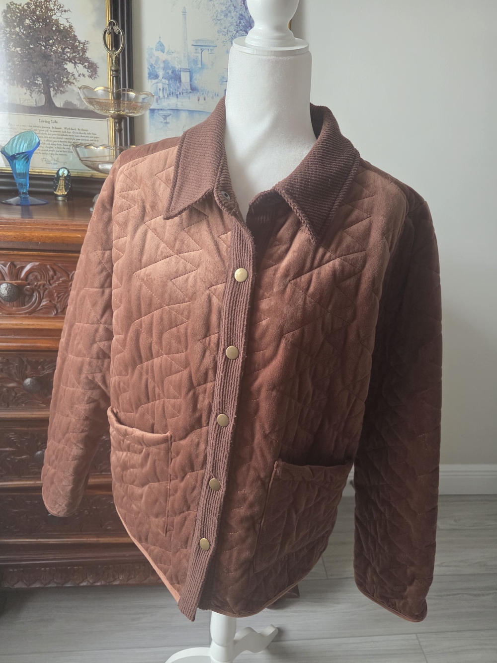 Hem & Thread Quilted Brown Utility Jacket with Gold-Tone Snaps